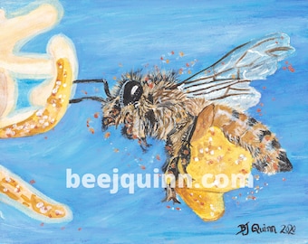 Honey Bee Signed Original Fine Art Painting titled,  "Pollen Bucket Honey Bee" on archival stretched canvas