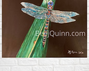 Original Signed Fine Art Painting, titled, "Pollinating Dragon Fly" on archival stretched canvas