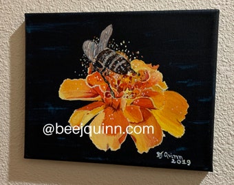Honey Bee Original signed Fine Art Painting on stretched archival canvas, titled "Honey Bee Marigold"
