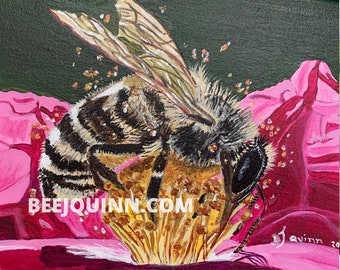 Honey Bee Signed Original Fine Art Painting titled, "Honey  Bee in Pink" on archival stretched canvas