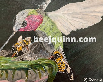 Honey Bee and Humming Bird, signed Original Fine Art Painting, titled, "Humming Bird & Honey Bees" on archival stretched canvas