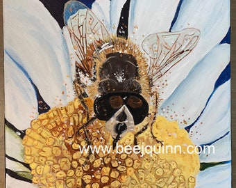 Honey Bee Original Fine Art Painting, titled,  "Honey Bee Daisy" on archival stretched canvas