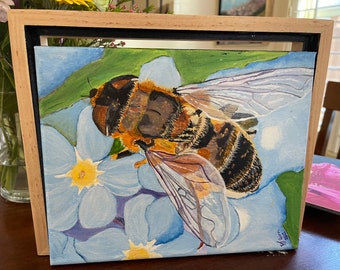 Honey Bee Original Signed Fine Art Painting, titled,  "Honey  Bee on Vinca" on archival stretched canvas