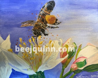 Honey Bee Signed Original Fine Art Painting, titled  "Blue Skies Honey Bee" on archival stretched canvas