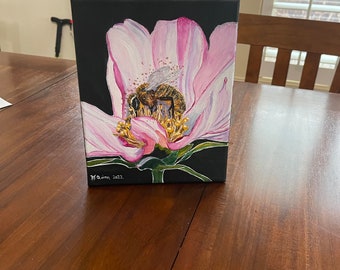 Honey Bee Pink Zinnia  Original Fine Art Painting