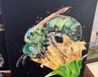 Original Signed Fine Art Bee Painting, titled,  "Vietnamese Sweat Bee" on archival stretched canvas