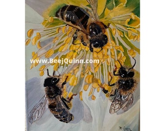 Honey Bee Original Signed Fine Art Painting titled, "Three Honey Bees" on archival stretched canvas