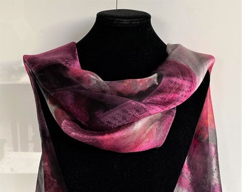 Handpainted silk jacquard scarf - black/white/red/pink
