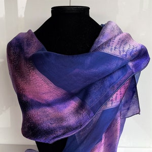 Handpainted silk jacquard scarf - soft blue/Mauve