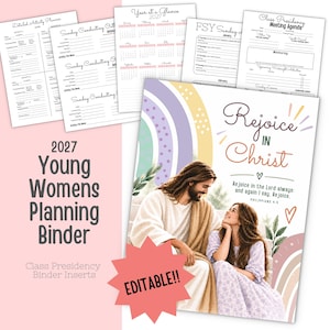 Puede incluir: Una carpeta de planificación 2027 para mujeres jóvenes con insertos editables para la presidencia de clase. La portada presenta una ilustración de arcoíris, el texto Rejoice in Christ y una imagen de dos personas sentadas juntas.