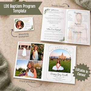 May include: An LDS baptism program template set featuring a matching invitation and a folded program booklet. The designs include floral accents, photos of a child in a white dress, and text detailing baptismal program information and lyrics.