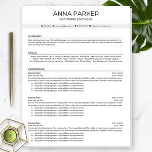 May include: A black and white resume template with the name Anna Parker and the title Software Engineer. The resume includes sections for Summary, Skills, and Experience.