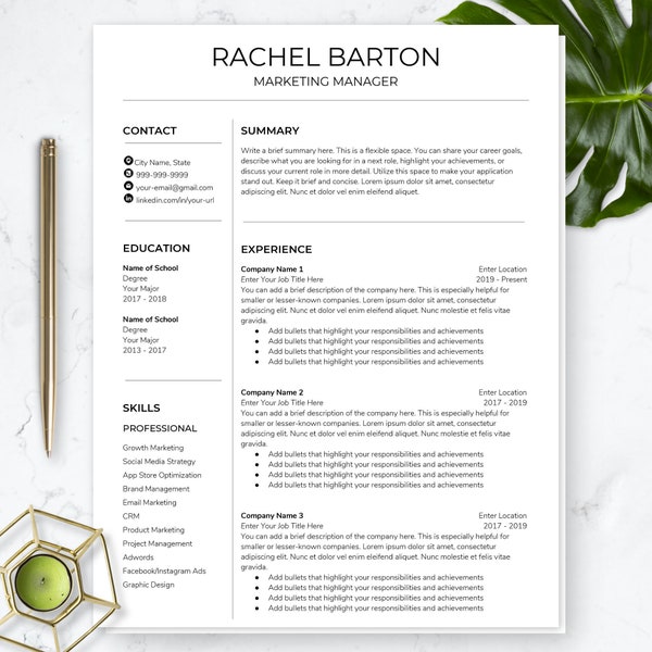 Modern Resume Template Google Docs / Functional Resume / Clean Resume / Two Column Resume / Design Resume / Tech Resume / Admin Resume