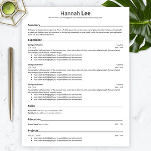 May include: A black and white resume template with the name Hannah Lee at the top. The resume includes sections for Summary, Experience, Skills, Education, and Projects.