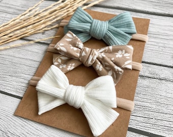 Mini Ribbed Bows 3.5” | Mint Beige white  | Nylon Headband or Clip | Neutral Bow | Baby Bow | Toddler Bow | Classic Bow | Hand Tied |