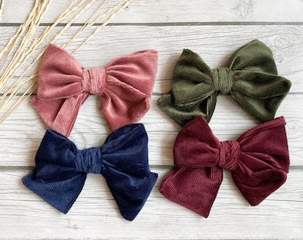 Large Corduroy Velvet Bow 5.5” on Nylon Headband or Clip | Holiday Bow | Baby Bow Girls Classic Hand Tied Bow | Thanksgiving