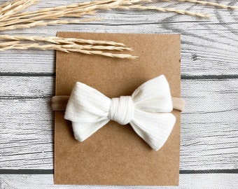 Mini Ribbed Bow 3.5” | White | Nylon Headband or Clip | Cream Bow | White Bow | Baby Bow | Toddler Bow | Classic Bow | Hand Tied | winter