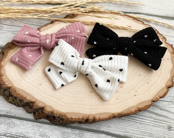 Valentines Heart Bow Mini Ribbed 3.5” Bow | Pink Black and White | Nylon Headband or Clip | winter Bow | Baby Bow | Girls | Hand Tied |