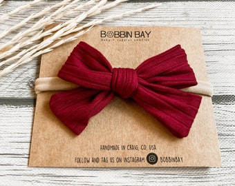 Red ribbed Bow 3.5”| 4th of July | Cranberry Red | Nylon Headband or Clip | summer Bow | Baby Bow | Girls | Classic Bow | Hand Tied Bow |
