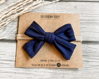 Navy Ribbed Bow 3.5”| 4th of July | Navy Blue | Nylon Headband or Clip | summer Bow | Baby Bow | Girls | Classic Bow | Hand Tied Bow |
