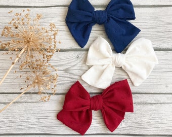 Fourth of July Bow | Swiss Dot | Red White Blue | Nylon Headband or Clip | Bow | Baby Bow | Girls | Classic Bow | Hand Tied Bow | 5.5” large