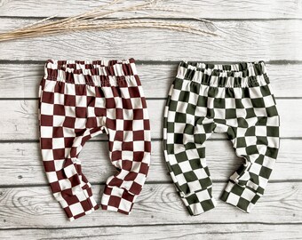 Checkered Joggers Baby Toddler pants | comfy pants | Bamboo Cotton Spandex | green brown pink teal coral