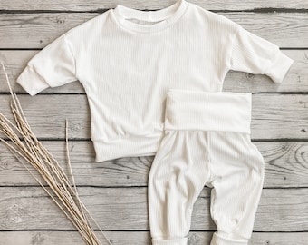 Ivory White Ribbed Set | Cozy Baby + Toddler Grow with Me set | Gender Neutral Baby | Rib Knit Baby Blessing boy Outfit | christening outfit