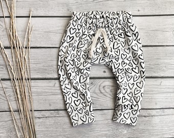 Jersey Knit Joggers | Black and White | valentines day Outfit | Winter Outfit | Baby | Toddler | Doodle Hearts | Gender Neutral