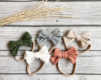 Ribbed Baby Bow Mini 3.5”| Peach Olive Oatmeal White Grey | Nylon Headband or Clip | Easter Bow | Baby Bow | Girls | Classic Bow | Hand Ties