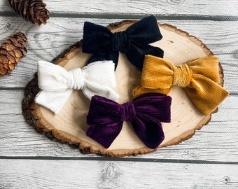 Velvet Corduroy Bows 3.5” on Nylon Headband or Clip | Spring Bow | Baby Bow | Girls | Classic Bow | Hand Tied Bow