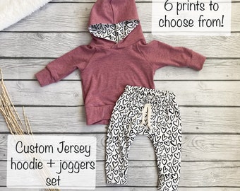 Cozy Jersey Knit Hoodie and Joggers Set | Heathered Pink Mauve Black and white | Valentines Outfit | Baby | Toddler | winter |