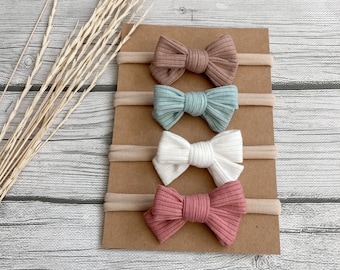 Teeny Ribbed Bow | 2.5”| Blossom Mint Mocha White Grey | Nylon Headband or Clip | spring Bow | Baby | Girls | Classic Bow | Hand Tied Bow