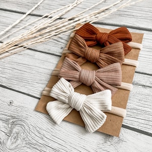 Spring Ribbed Bows 3.5” | Neutrals Brown Beige  | Nylon Headband or Clip | Neutral Bow | Baby Bow | Toddler Bow | Classic Bow | Hand Tied |