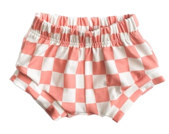 Coral Pink Checkered Shorties Baby Toddler Bamboo Cotton Spandex | Baby Outfit | summer Shorts | Baby Toddler | retro | checker board