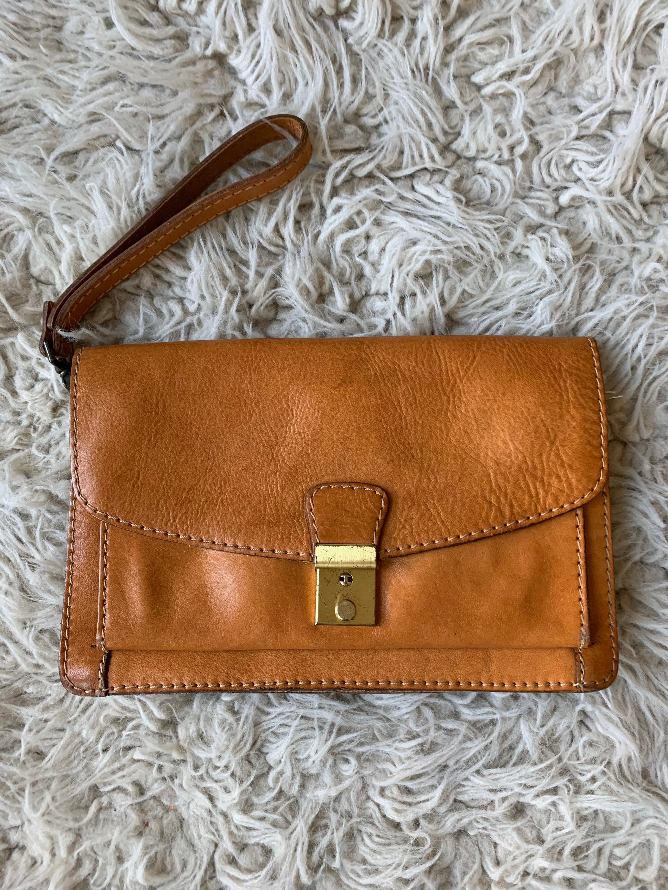 Vintage Italian made genuine leather clutch bag Tan patina. Etsy