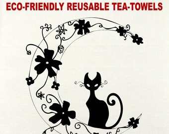 Cat - Moon Tea Towel / serviette de thé / serviette à vaisselle / serviette à main / lingette réutilisable / cadeau de cuisine / déco de cuisine