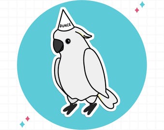 May include: A white cockatoo sticker featuring a black beak and black feet, wearing a white dunce cap with the word DUNCE printed in black. The bird is centered on a circular light blue background with small pink and blue four-pointed star accents.
