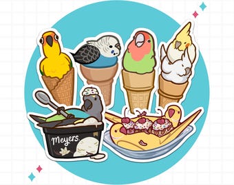 May include: A sticker design featuring various birds depicted as ice cream treats, including parrots in waffle cones, a grey bird in a Meyers ice cream tub with a spoon, and yellow birds in a banana split dish, all set against a blue circular background.