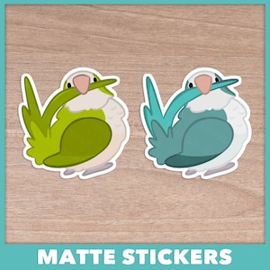 May include: Two matte stickers featuring cartoon parrots with white chests and beaks. One parrot is lime green with dark green wing details, while the other is teal with dark blue wing details. Both birds are depicted in a stylized, rounded pose.