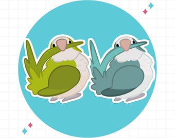 May include: A sticker design featuring two stylized cartoon birds side by side against a circular turquoise background. One bird is lime green and the other is teal blue. Both birds have white chests, light pink beaks, and small black eyes.