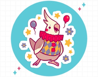 May include: A die-cut sticker featuring a cream-colored cockatiel dressed as a clown. The bird wears a red ruffled collar and a yellow and blue diamond-patterned vest with red buttons. It is surrounded by yellow stars, purple flowers, and balloons.