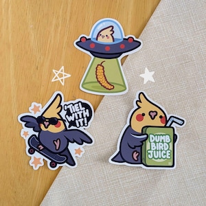 Stickers valkparkiet: ufo, schaatser, stom vogelsap