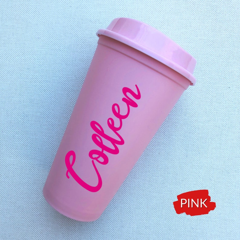 Personalized 16oz Reusable Hot Coffee Cup Custom Plastic Hot Cup with Lid Travel Cup with Name Valentine's, Galentine's Gift Idea Pink