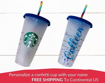 Custom Name Starbucks Confetti Color Changing Cup | Personalized Reusable 24oz Venti Cup with Color Changing Name | Birthday Graduation Gift