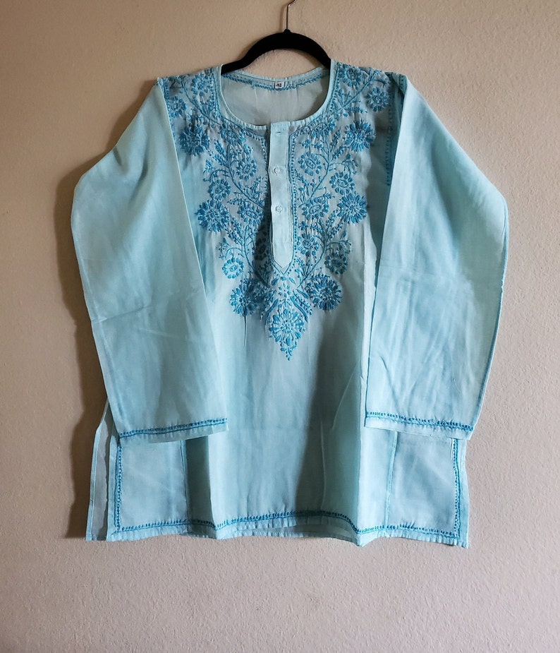 Lucknawi Chikankari Kurta for Women-Handmade Embroidered Cotton Kurti-Large Size
