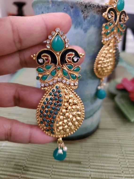 Gold Polished Chandbali Earrings in Emerald and Pearl Combination ER 4