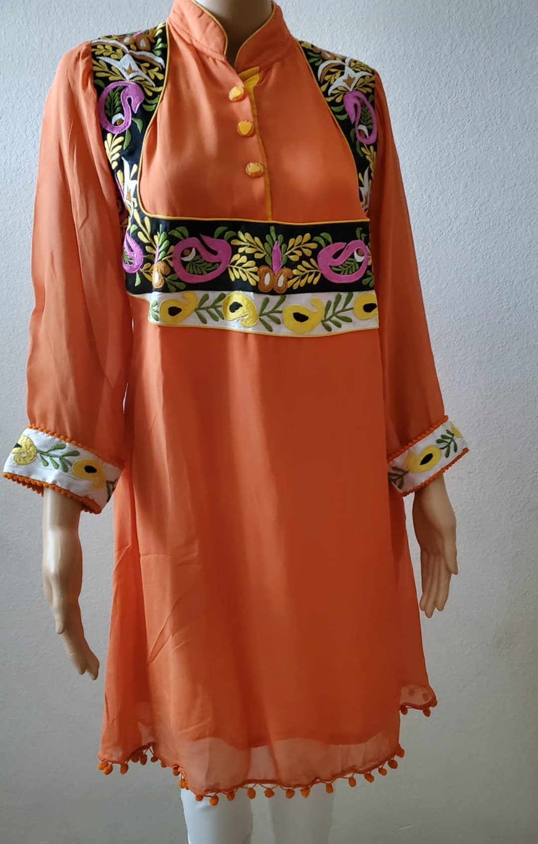 Abito Lungo Donna Stile Indiano Nero Con Ricami, Tunica Kurti Casual In Viscosa, Taglia Unica