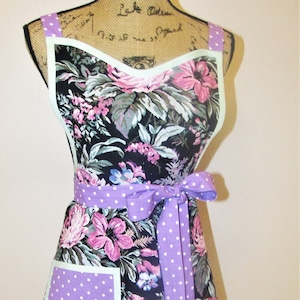 RETRO ADULT APRON, Vintage print apron, cotton apron with pocket, bias trim, handmade apron