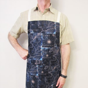 UNISEX SCHORT, BBQ-schort voor mannen of vrouwen, schort met vintage kaartprint, volledige keukenschort met dubbele zak, schort in chef-kokstijl