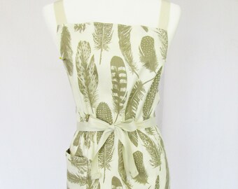 CHEF APRON, Full Kitchen Apron, FEATHER Print Apron, Soft Cotton Canvas Apron with Pocket, Khaki/Cream Print Apron